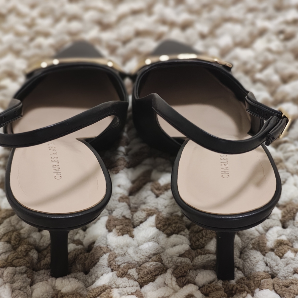Charles & Keith Black Slingback Heels Gold Buckle Size 38 - Picture 4 of 6